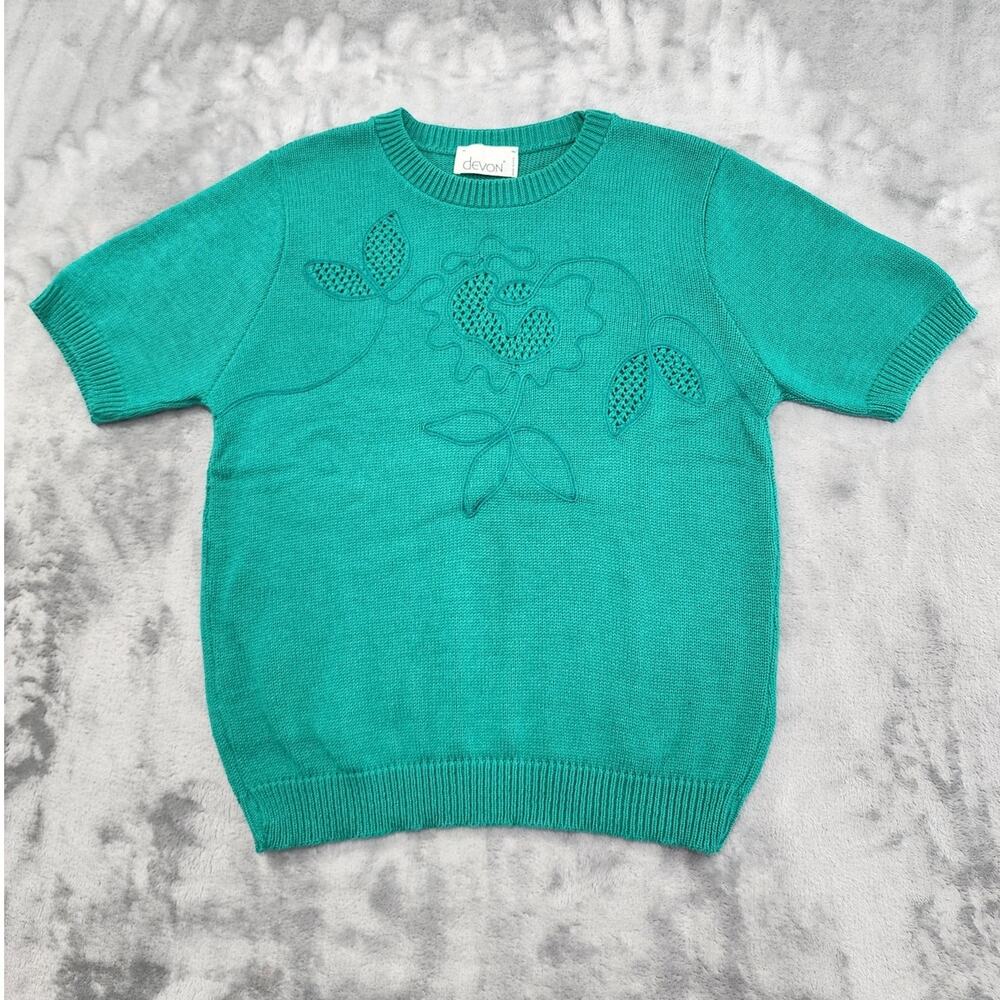 Vintage Devon Sweater Womens S Green Crew Neck Short Sleeve Pullover Lightweight